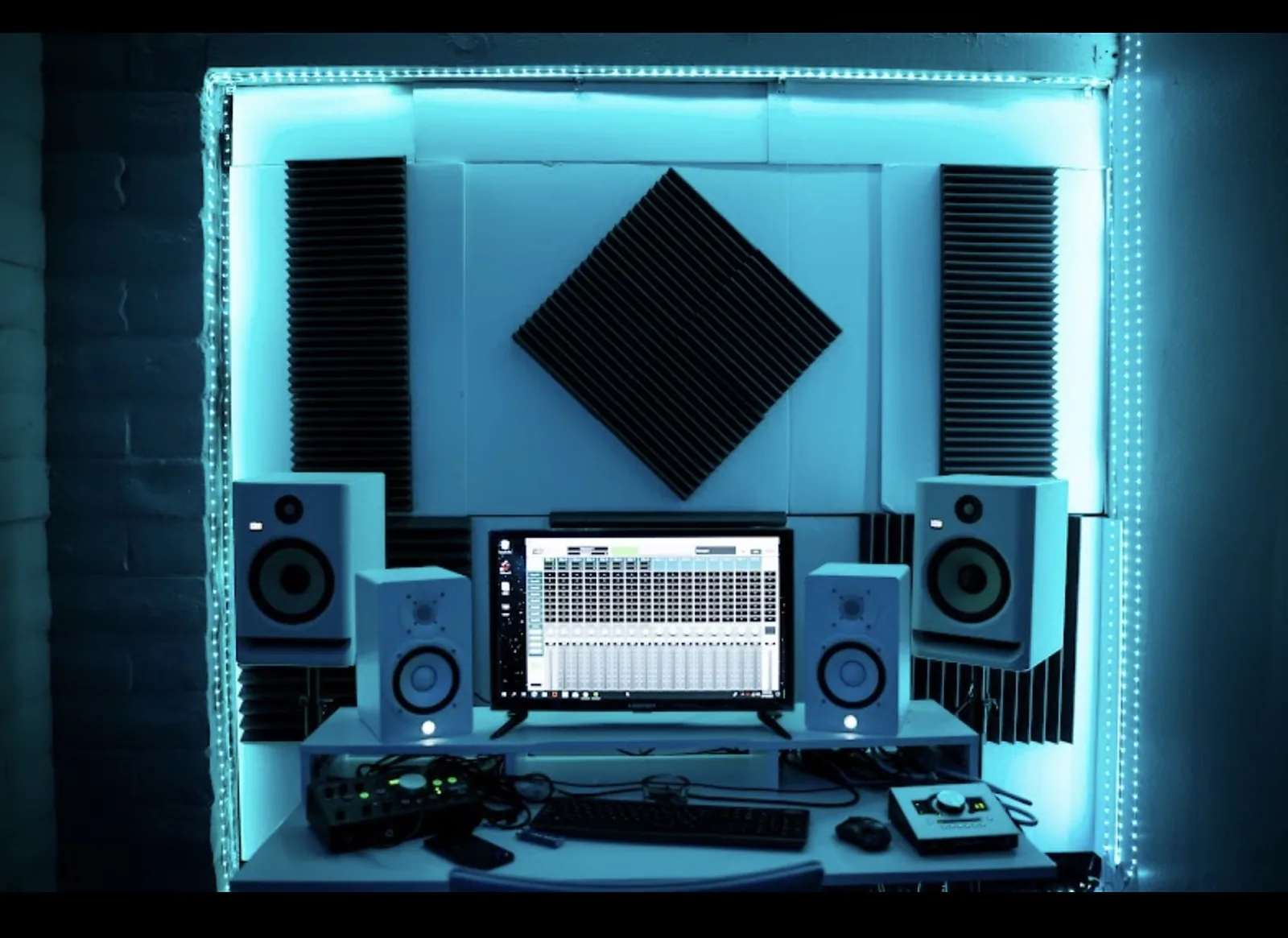 Las Vegas cyan-lit studio workstation